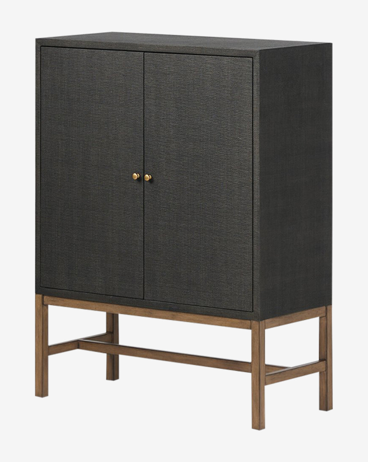 The Osborne Cabinet is a modern black raffia cabinet with two doors, antique brass hardware, and a wooden base with four legs, shown against a plain white background by McGee & Co.