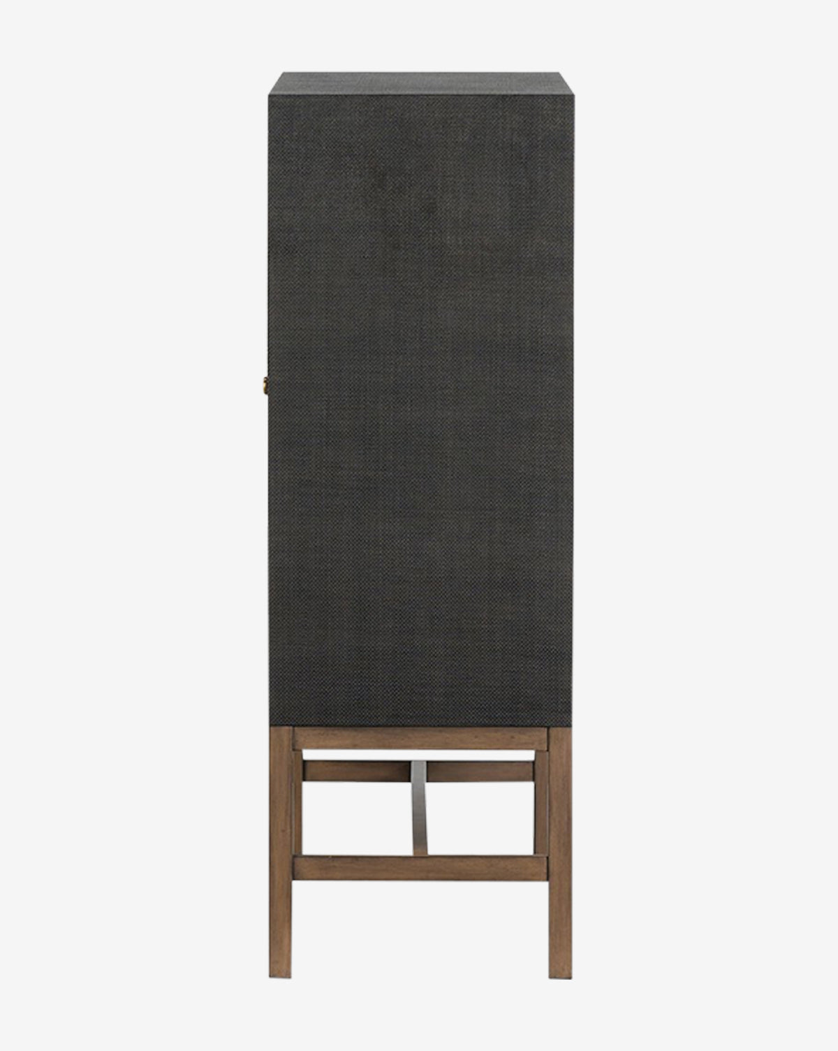 The Osborne Cabinet is a tall, rectangular black raffia cabinet with four solid mahogany legs and a crossbar support, displayed from the side against a plain white background by McGee & Co.