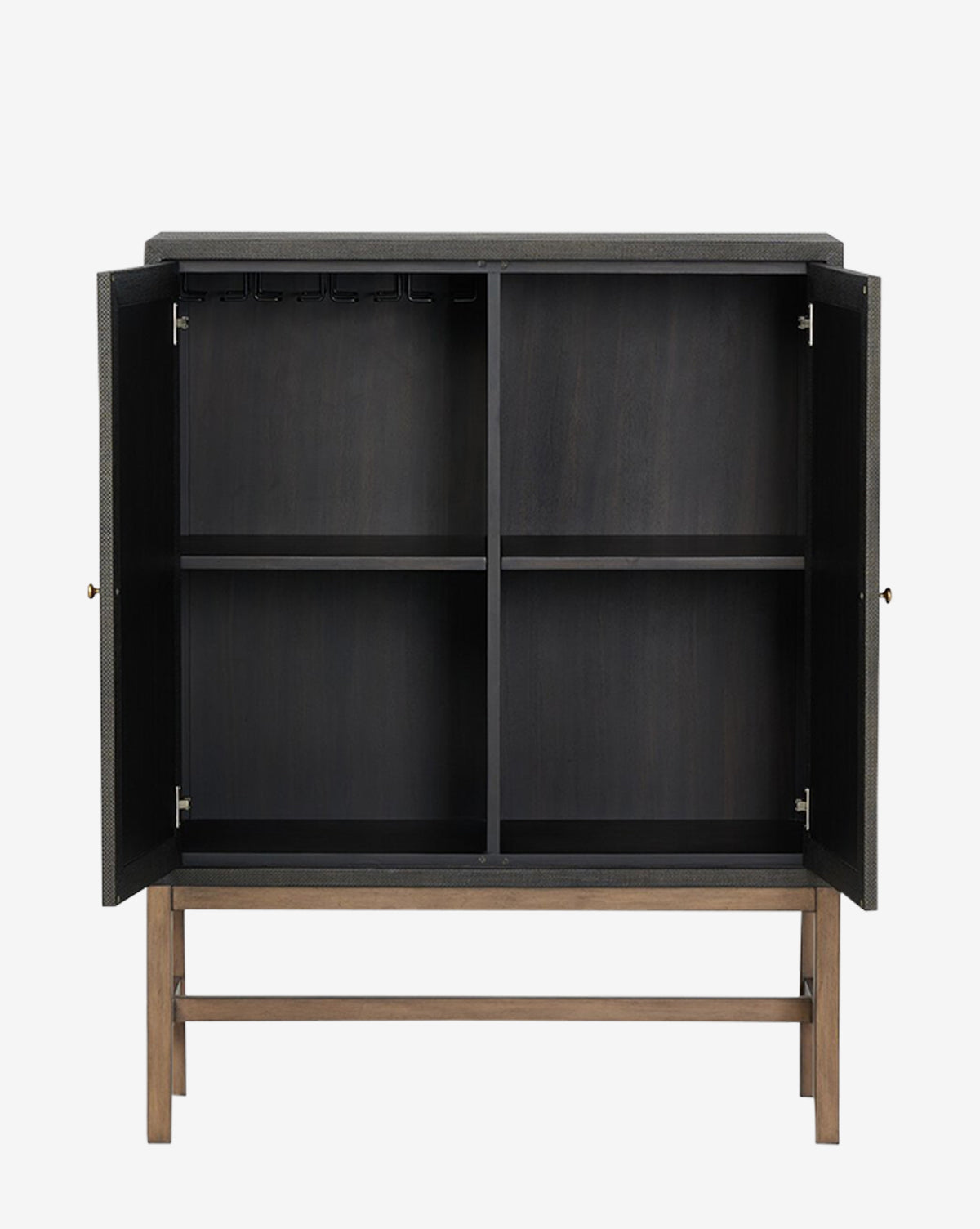 The Osborne Cabinet is a dark solid mahogany piece with open double doors, four interior shelves, wine glass racks above, and antique brass hardware, by McGee & Co. It stands on a light wood frame against a plain white background.