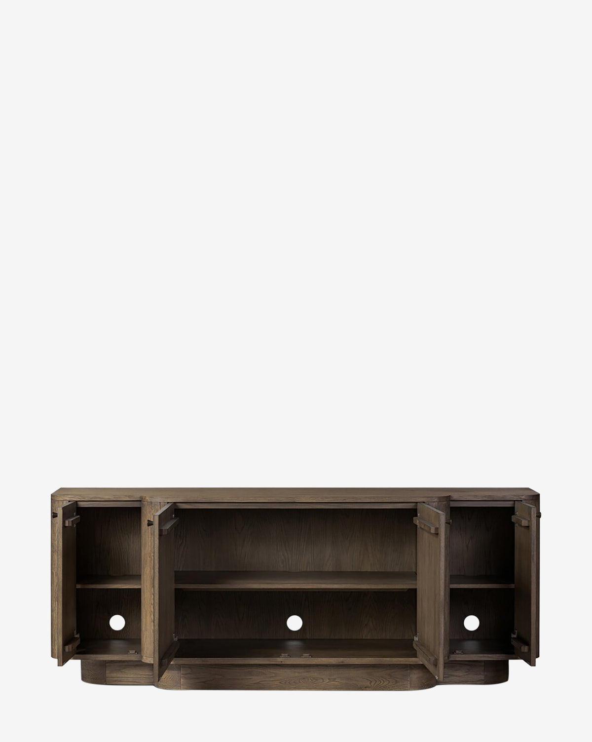 The Oswin Sideboard, shown against a plain white background, features dark wood, a break-front design, and three open cabinet doors revealing inner shelves and cable management holes for ample storage by McGee & Co.