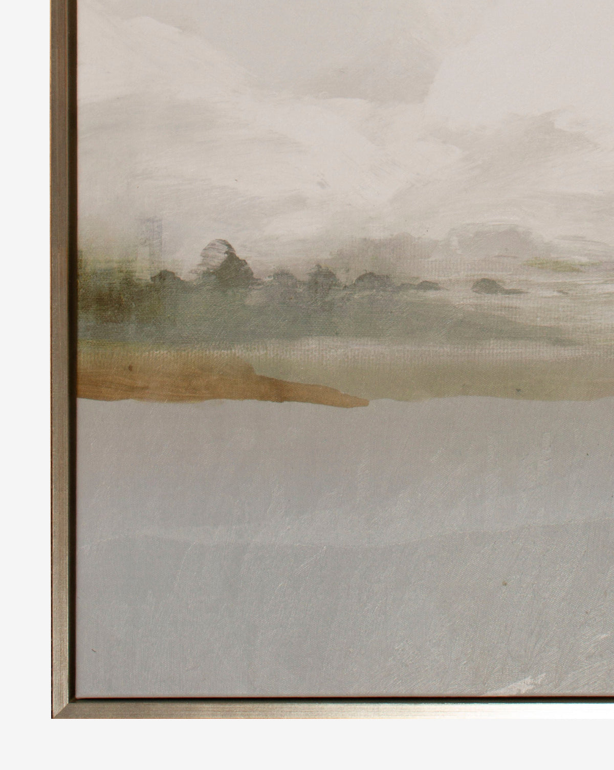 Overcast Shoreline I framed canvas wall art showcases soft, muted greens, browns, and grays, depicting a hazy sky with distant trees or hills, all in a sleek silver wood frame.