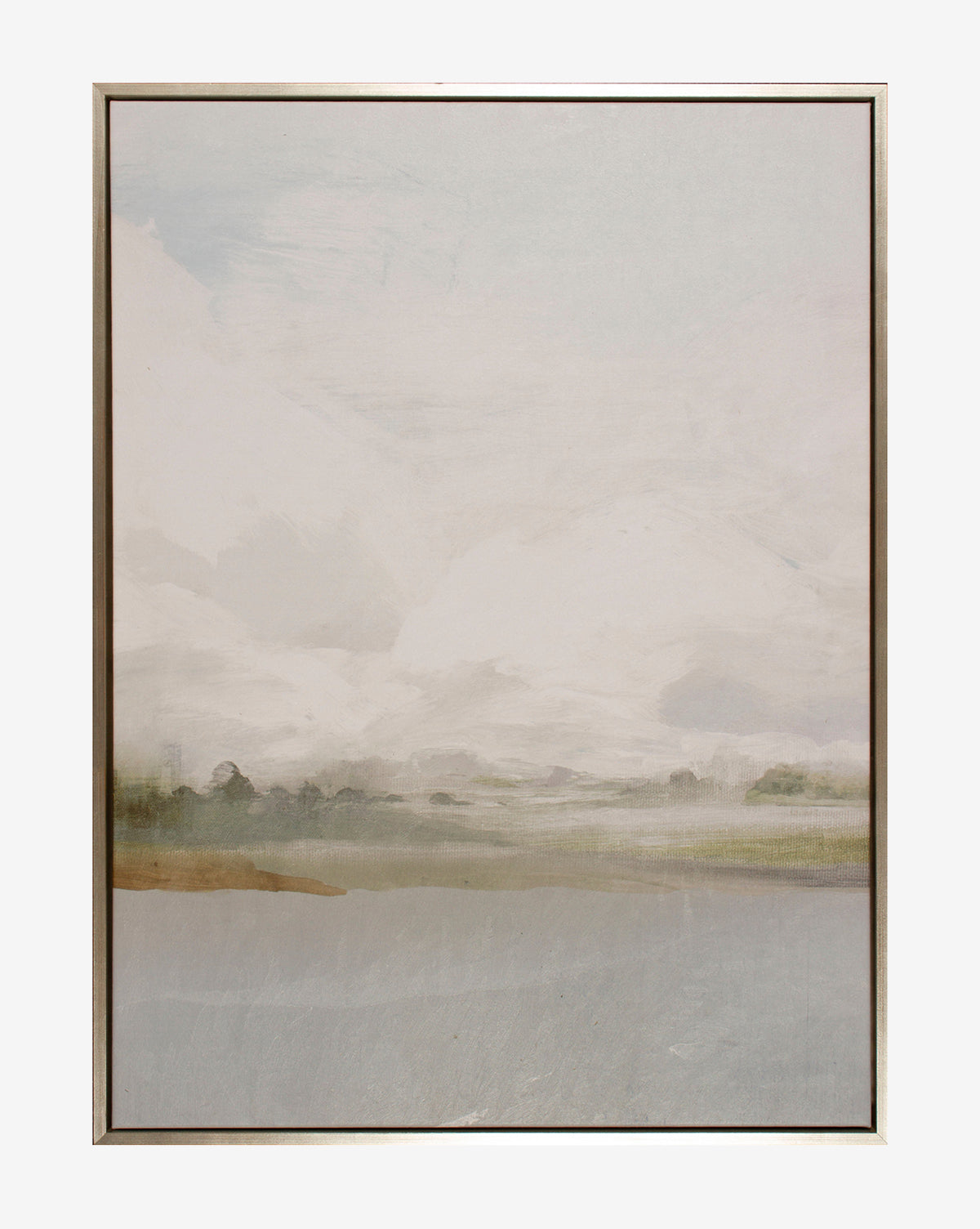 Overcast Shoreline I is a framed canvas wall art featuring a soft, abstract landscape with muted white, gray, and pale green tones, depicting a cloudy sky over calm water and a faint shoreline in a silver wood frame.