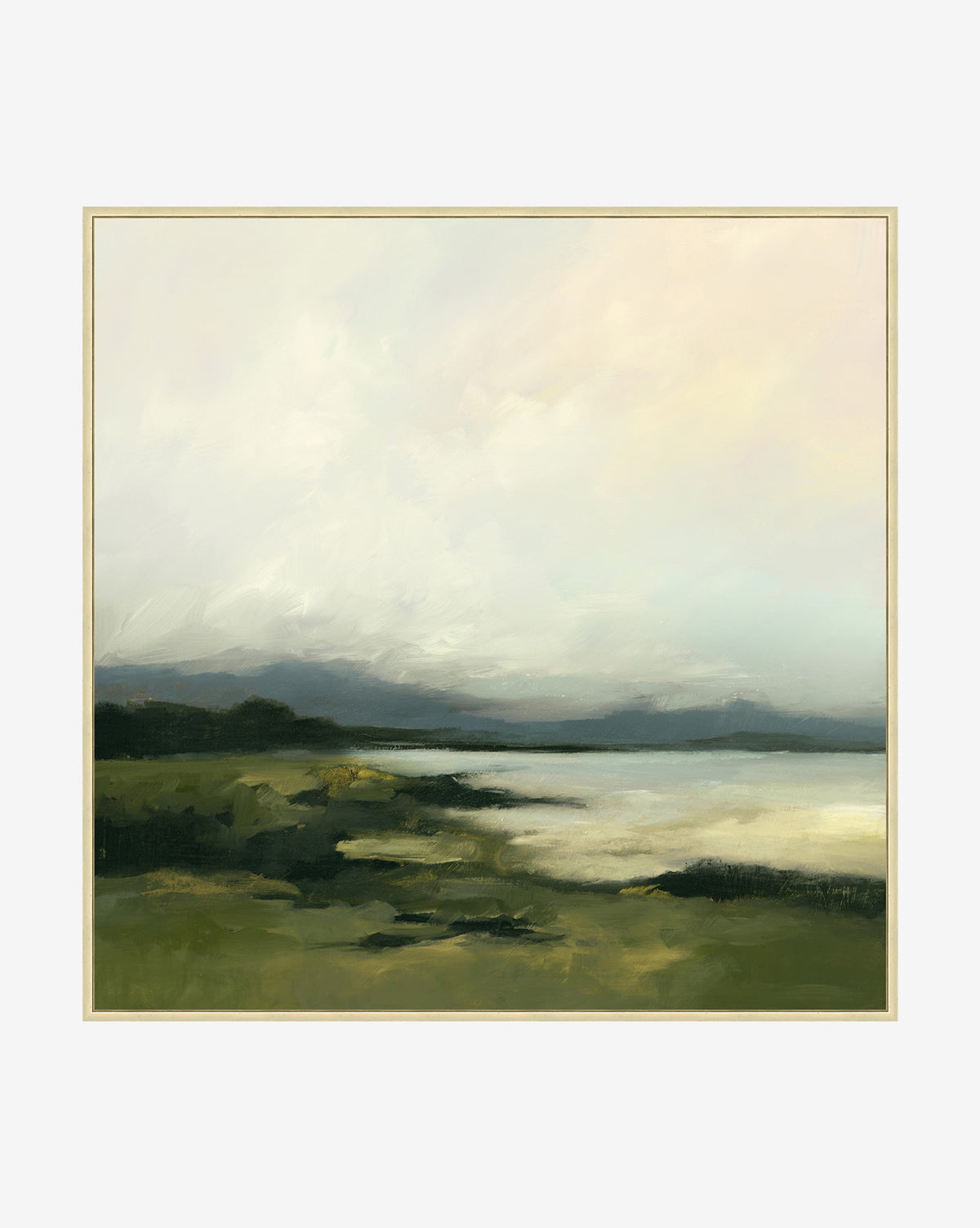Overcast Wetland features a softly painted landscape of a calm shoreline with distant mountains under a cloudy, luminous sky. Muted greens, blues, and creams evoke peace on gallery-wrapped canvas.