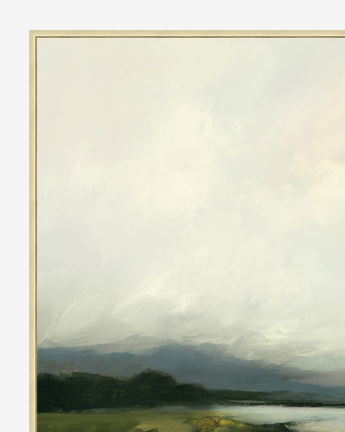 “Overcast Wetland” is a landscape painting on gallery-wrapped canvas, depicting a calm water and grassy field beneath cloudy skies, with artist-enhanced soft, muted colors creating a serene and tranquil atmosphere.