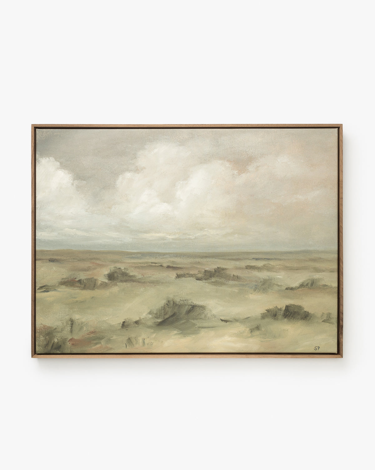 Overlook is a museum-quality framed wall art featuring a flat, grassy landscape under a cloudy sky in muted green, beige, and grey, evoking the calm serenity of windswept fields, by McGee & Co.