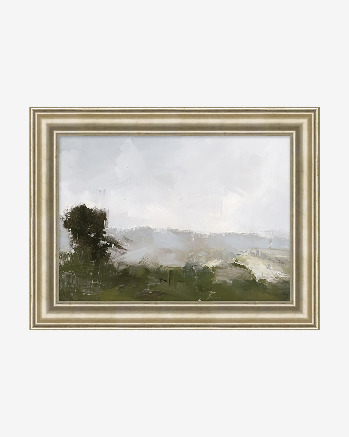 Overlook View I by Monique Lazard: A framed canvas painting featuring a dark tree on the left, misty brushstrokes, rolling green hills, and a pale cloudy sky, by McGee & Co.