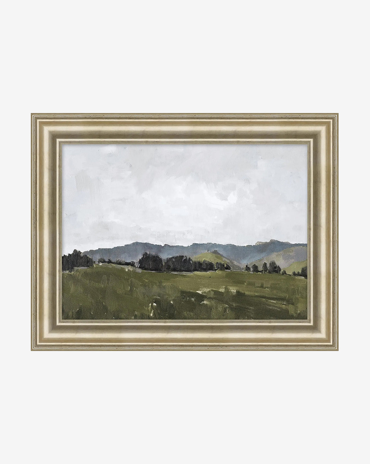 Overlook View II by Monique Lazard is a framed giclee print depicting a serene landscape with green fields, distant hills, and a cloudy sky in an impressionistic style on canvas, by McGee & Co.