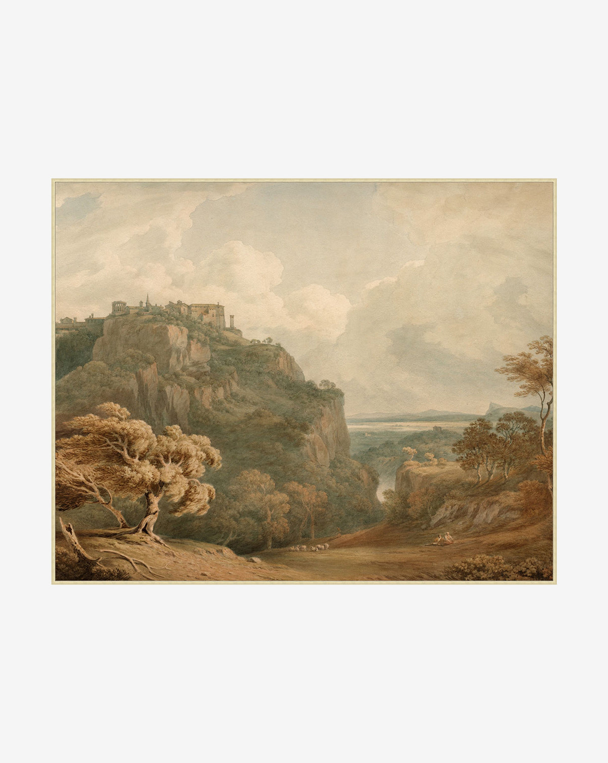 Overlooking Tivoli depicts a hilltop fortress above a lush, wooded valley with winding paths and distant hills. Detailed brushwork brings the dramatic scene to life, highlighting trees and rocky cliffs in the foreground, by McGee & Co.