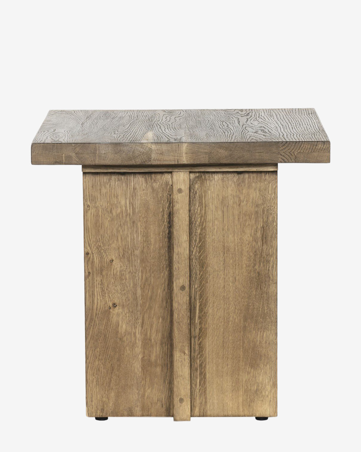 The Ovitt Side Table features a rectangular smoked oak design with a thick top, sturdy base, rustic natural finish, visible wood grain, and minimalist style, by McGee & Co.
