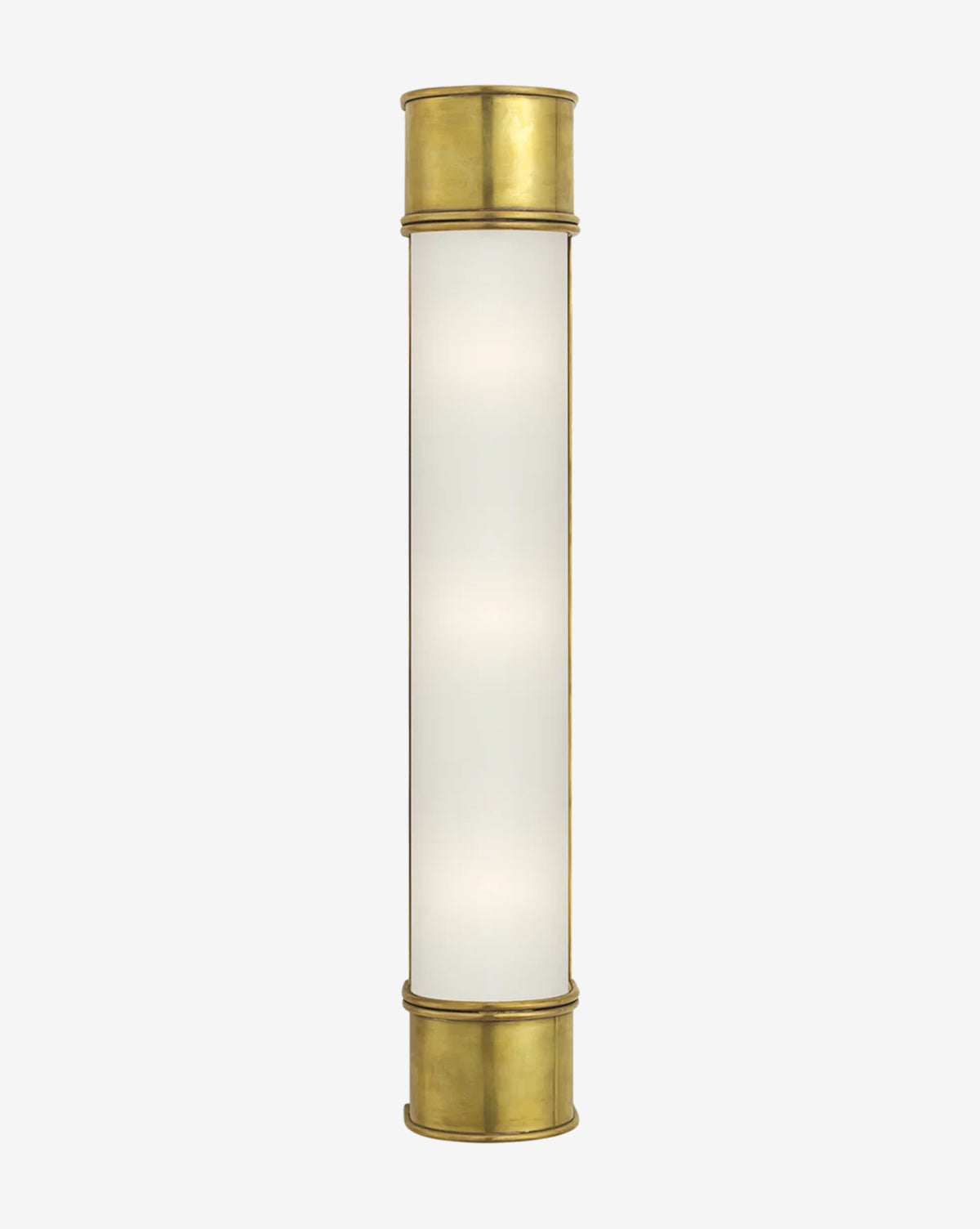 The Oxford Sconce is a cylindrical wall light with a frosted glass center and brass caps, ideal for bringing a modern traditional accent to any plain white background, by McGee & Co.