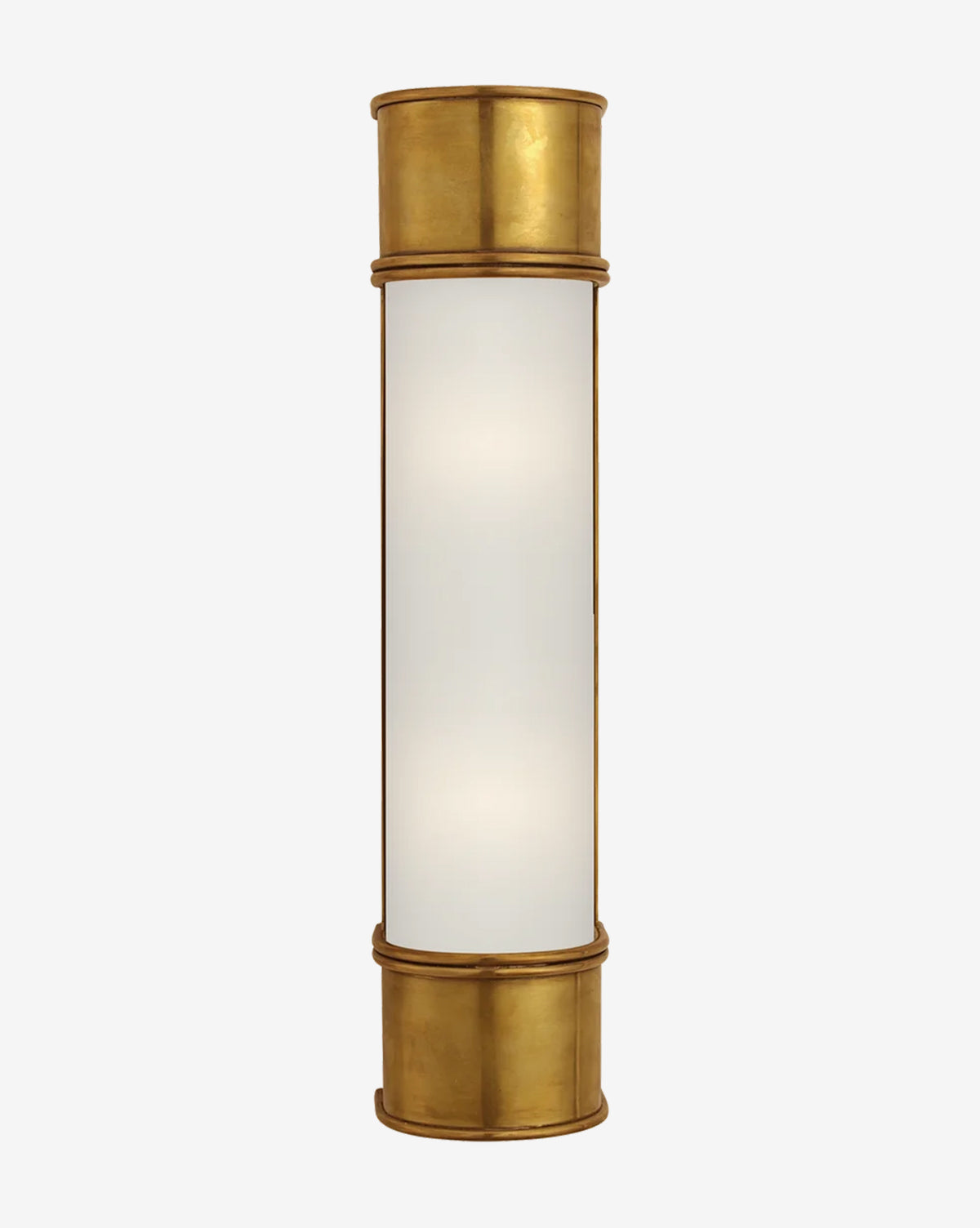 The Oxford Sconce is a modern-traditional wall light with a cylindrical frosted white glass center and gold metal accents at the top and bottom, designed for a stylish touch, by McGee & Co.