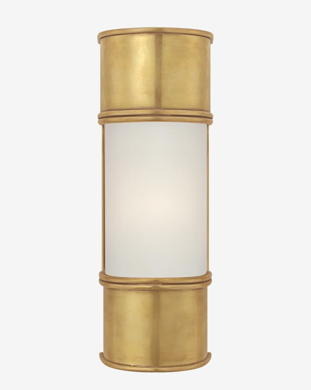 The Oxford Sconce features a contemporary brass cylinder design with gold-toned ends and a frosted glass center that gently diffuses light for a stylish, modern accent, by McGee & Co.
