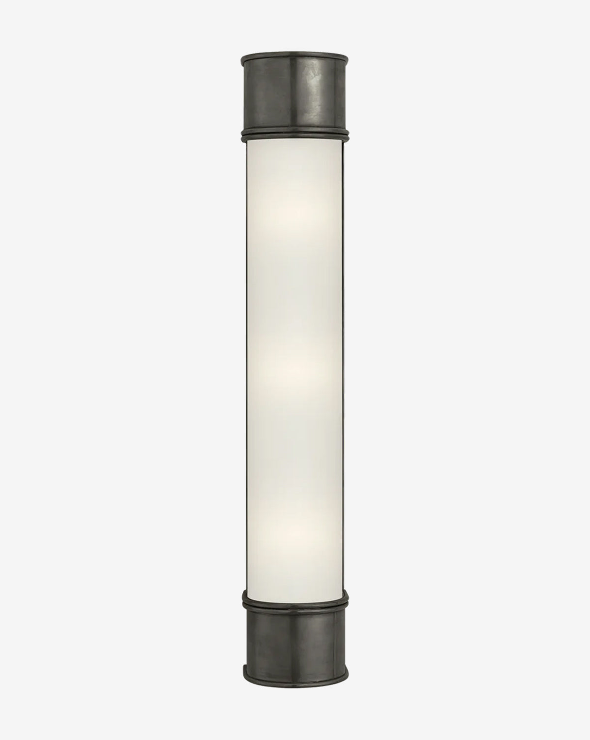 The Oxford Sconce is a cylindrical wall light featuring a frosted glass center with dark metal end caps and borders, combining modern traditional style with contemporary elegance, shown against a plain white background, by McGee & Co.