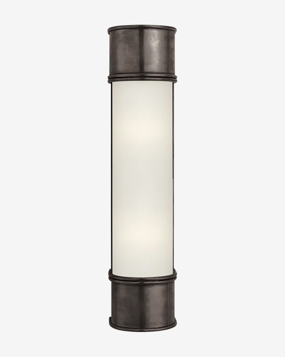 The Oxford Sconce features a cylindrical design with frosted white glass and dark metal caps, offering modern traditional style. Shown on a plain white background, by McGee & Co.