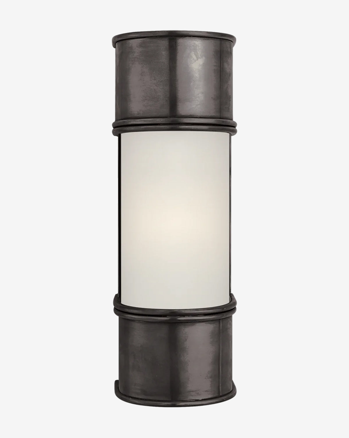 The Oxford Sconce by Visual Comfort & Co. Signature is a wall-mounted cylindrical sconce featuring a dark metal frame and frosted white glass center, offering soft, diffused illumination in a modern traditional style. McGee & Co.