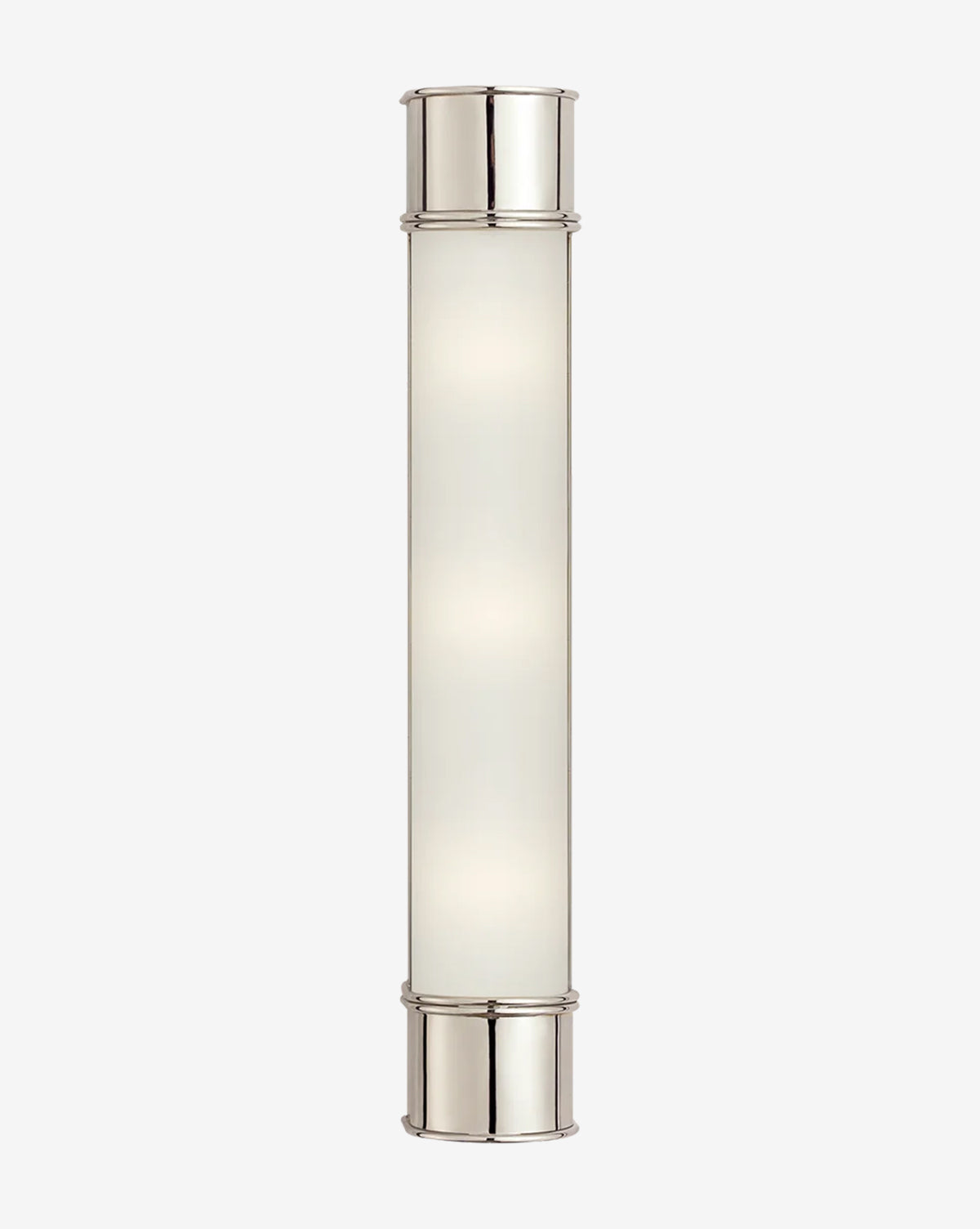 The Oxford Sconce features a cylindrical design with a frosted glass center and polished metal caps, mounting vertically for refined modern-traditional wall lighting in any space, by McGee & Co.