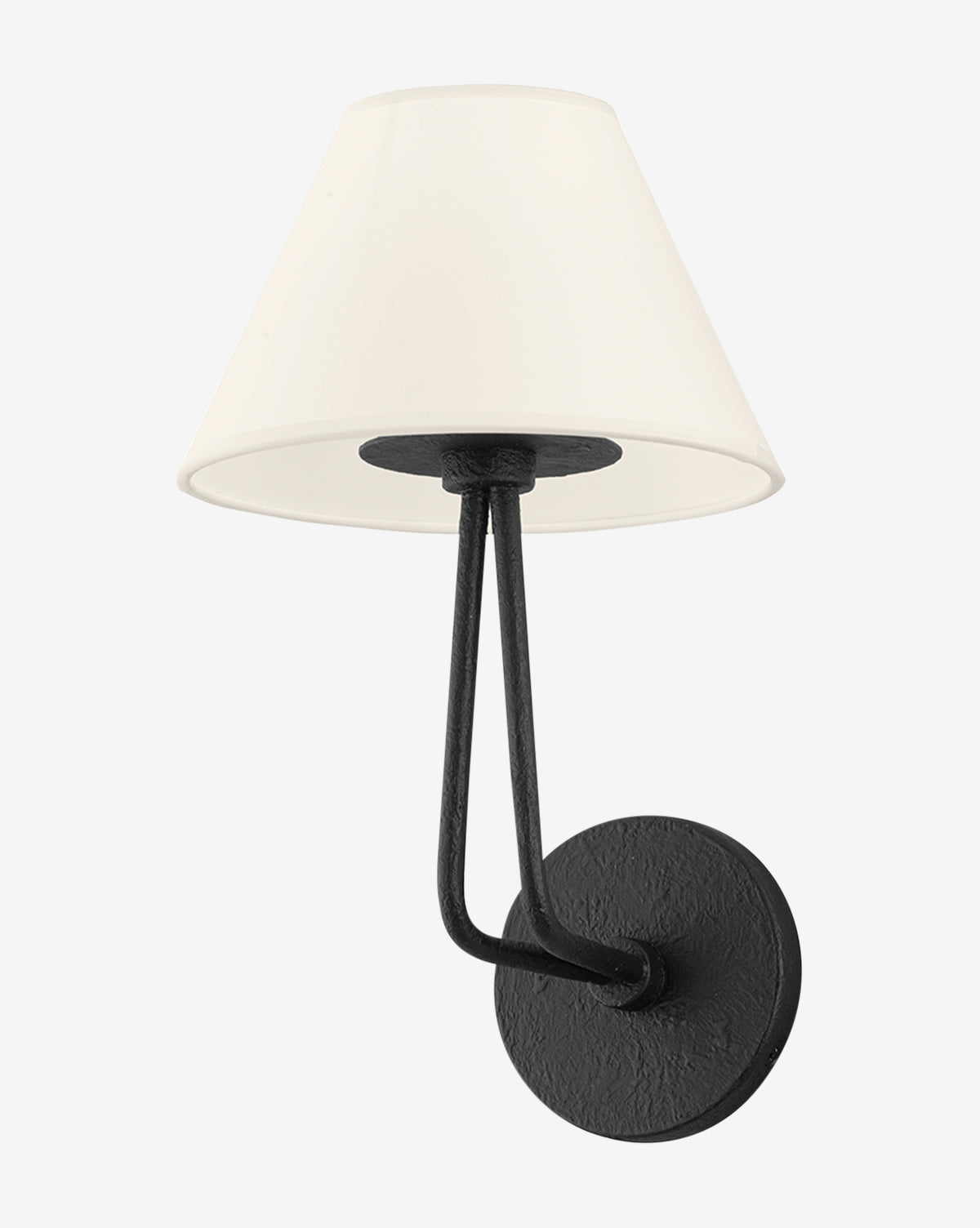 The Ozias Wall Sconce by Troy Lighting features a round black metal base and arm, paired with a cream linen conical shade for a modern look. McGee & Co.