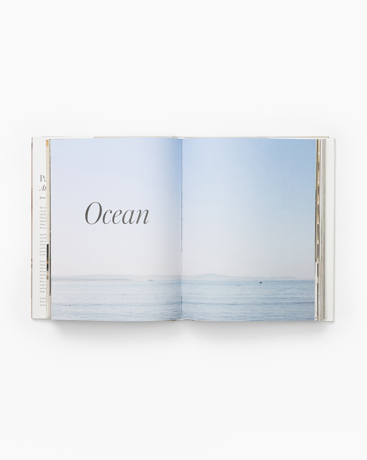 An open book, Pacific Natural at Home, displays a tranquil ocean scene beneath a pale blue sky, evoking west coast interiors. The word Ocean is printed in large text on the left page.