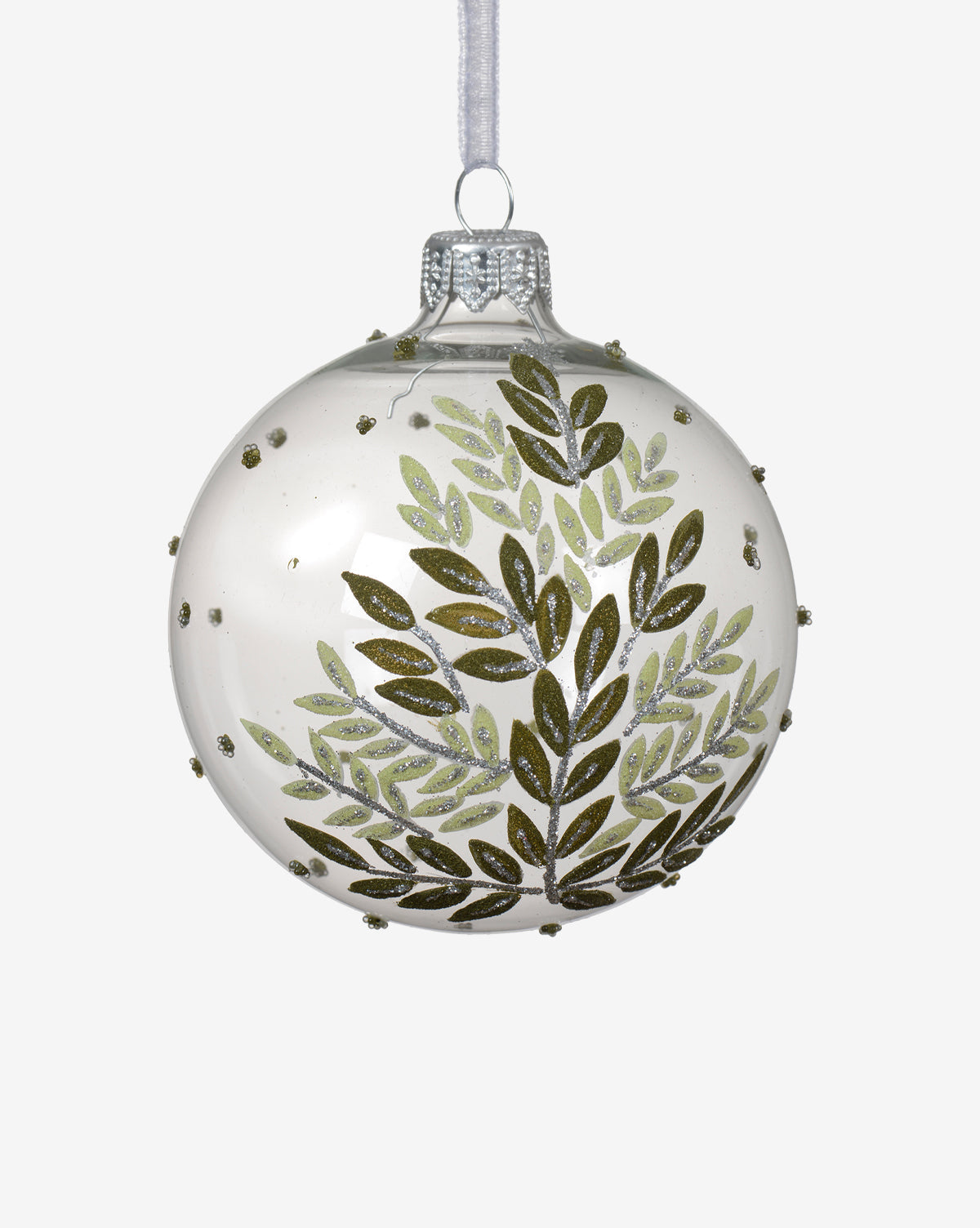 The Painted Leaves Bauble Set (Set of 6) features clear glass ornaments with silver caps and ribbon, adorned with green and gold glittery leaves plus gold dots—stunning additions to your tree, shown on a plain white background, by McGee & Co.