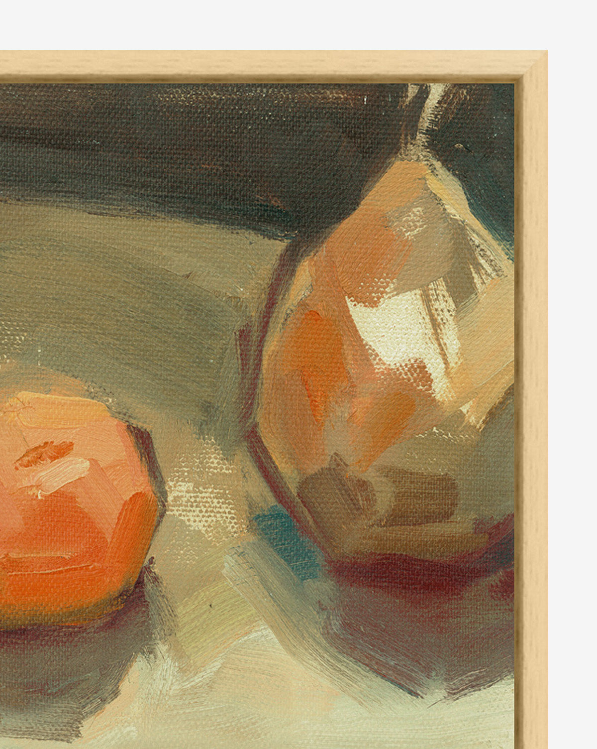 Close-up of Paired Pears framed wall art featuring bold brushstrokes depicting orange and brown faceted forms on a neutral background. The artwork is displayed in a light wood frame.