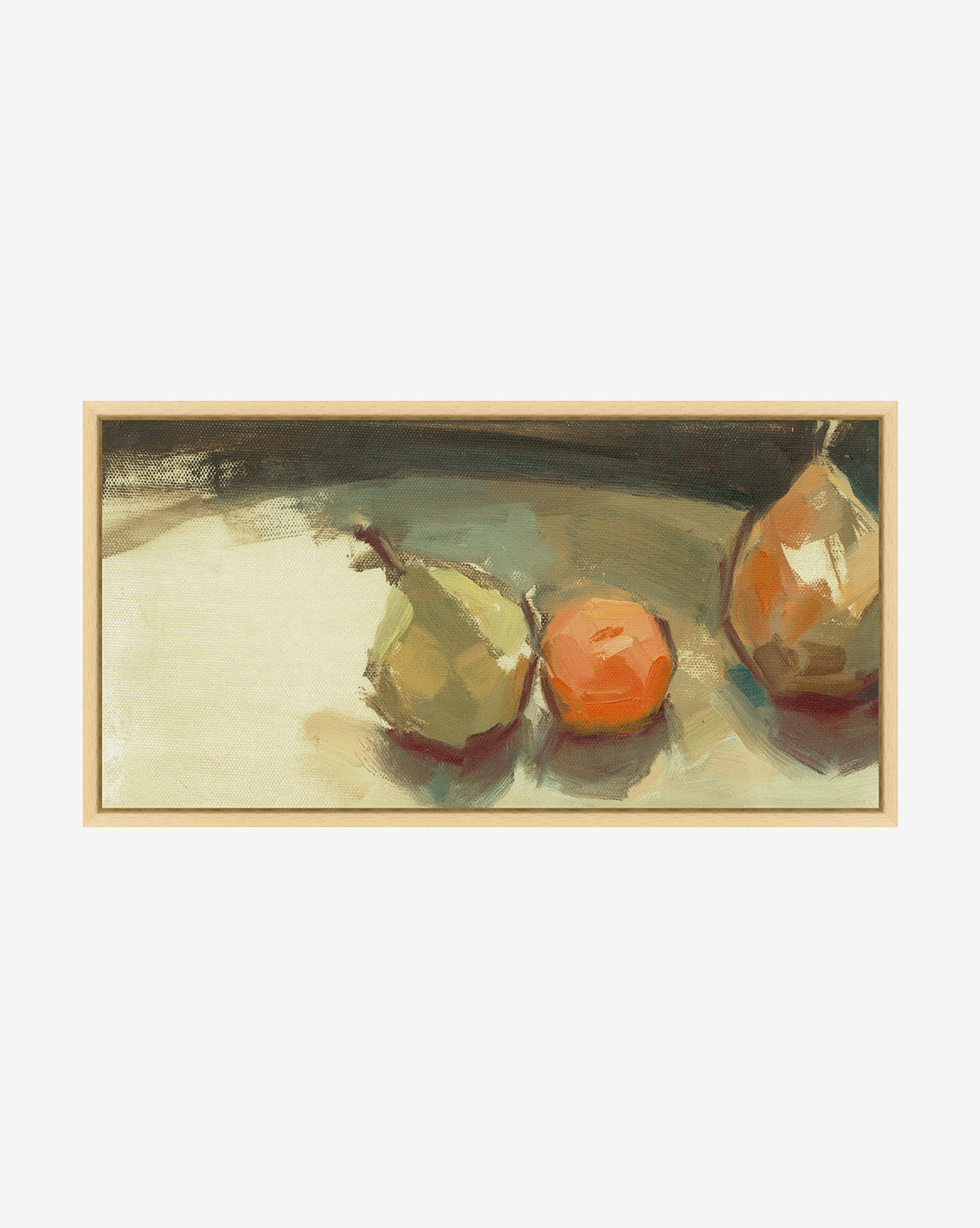 Paired Pears is a framed art print showcasing two green pears and an orange fruit in loose, impressionistic style—ideal as kitchen wall decor.