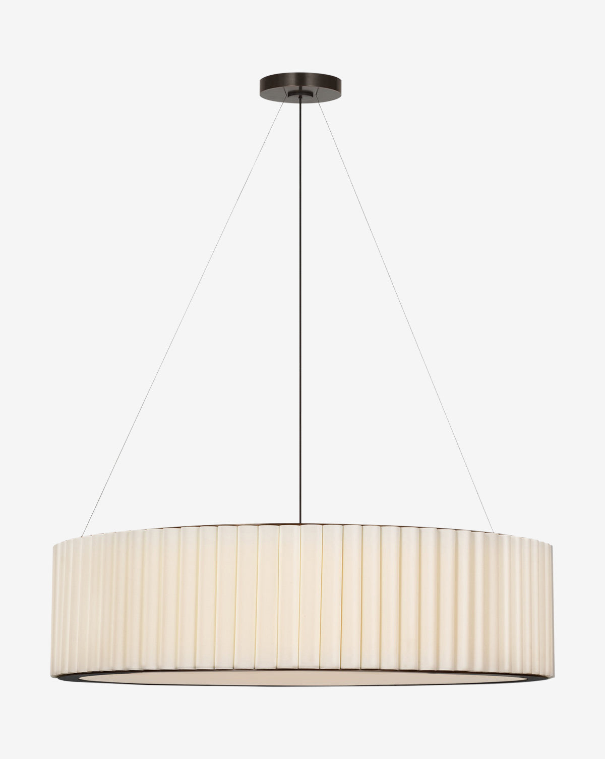 The Palati Extra Large Hanging Shade by Visual Comfort & Co. Signature features a crisp white pleated linen shade, suspended by three thin wires from a sleek black mount for a striking contemporary look. McGee & Co.