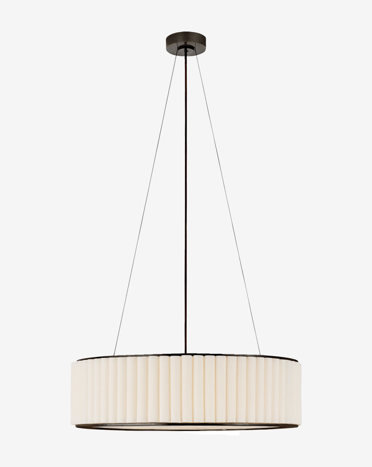 Certainly! Here’s your sentence with McGee & Co. blended at the end: The Palati Large Hanging Shade by Visual Comfort & Co. Signature features a pleated linen shade and dark metal frame, suspended by three black cords for a minimalist, circular design that suits contemporary spaces—McGee & Co.