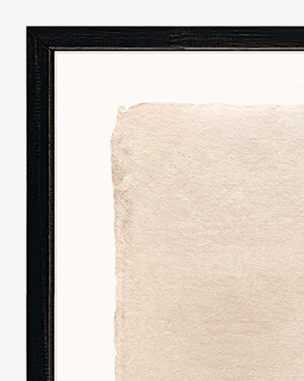 A close-up of the top left corner of the framed Palos Verdes art piece, showcasing textured Japanese handmade paper with rough edges. The black frame and thin white mat elegantly highlight the off-white paper within.