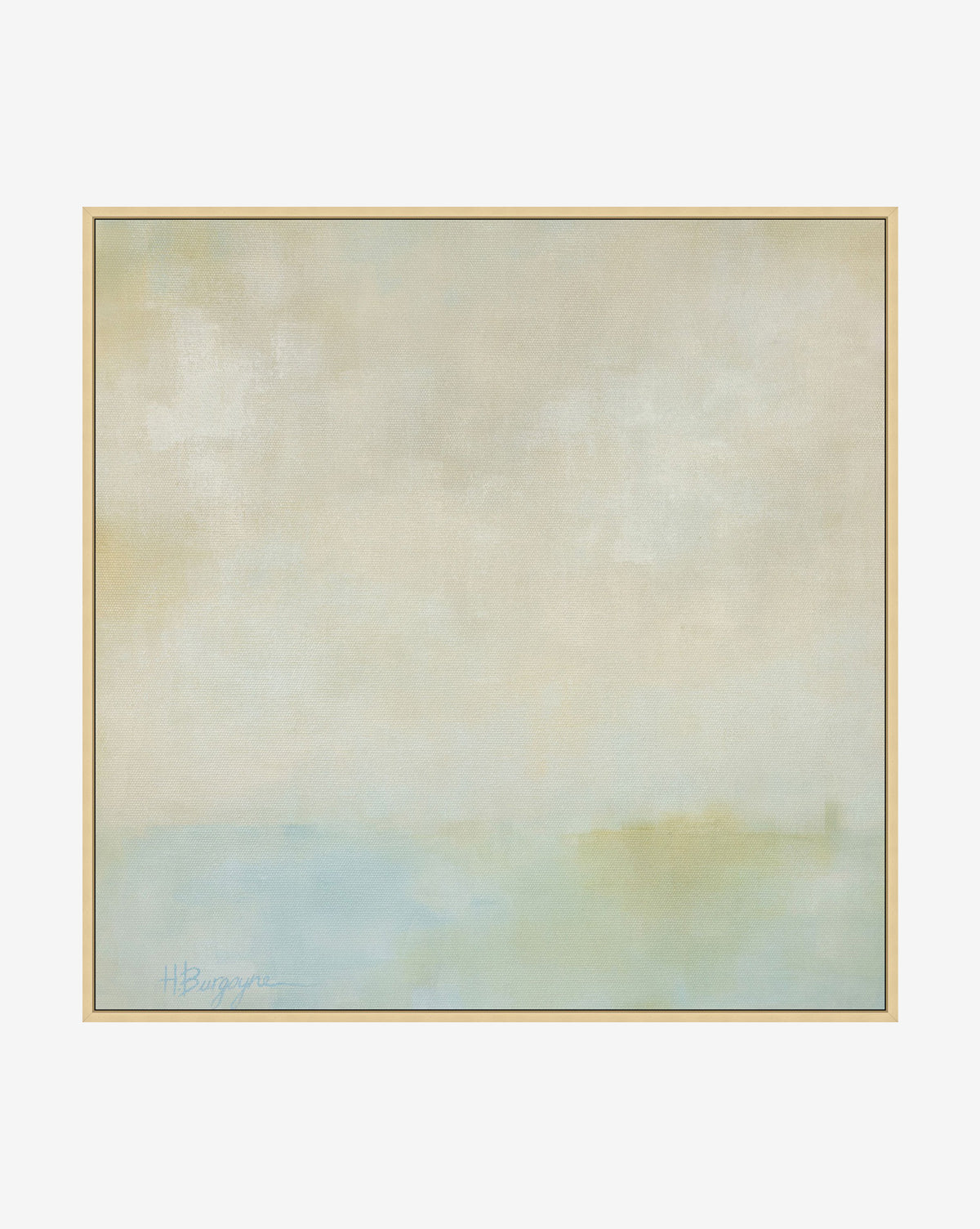 Parallel by Hope Burgoyne features abstract art in soft beige, blue, and green with blurred shapes and a serene feel; the artist’s signature is in the lower left corner of this gallery-wrapped canvas, by McGee & Co.