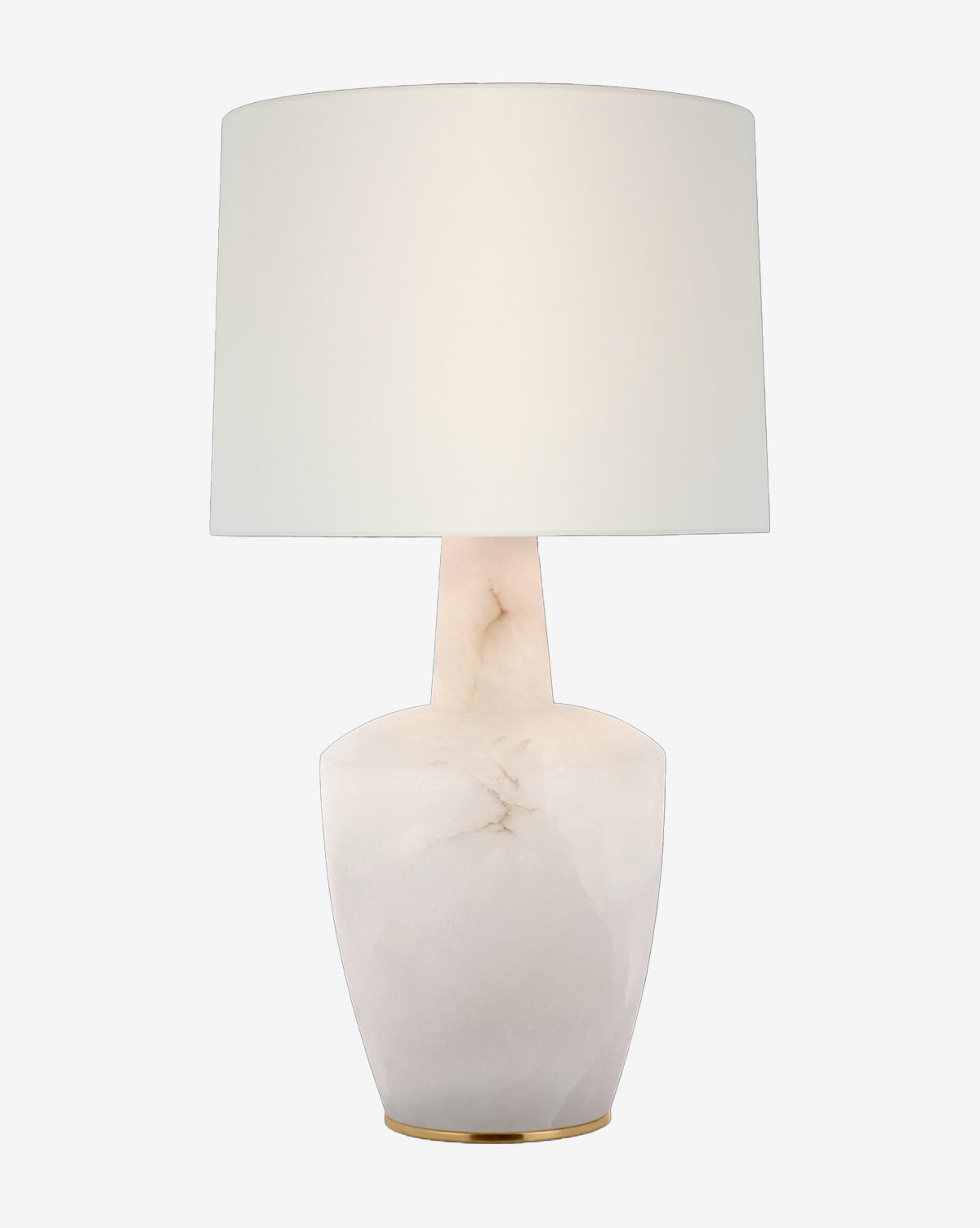 The Paros Table Lamp features a white cylindrical shade and an alabaster-textured vase-shaped base, shown against a plain white background, by McGee & Co.