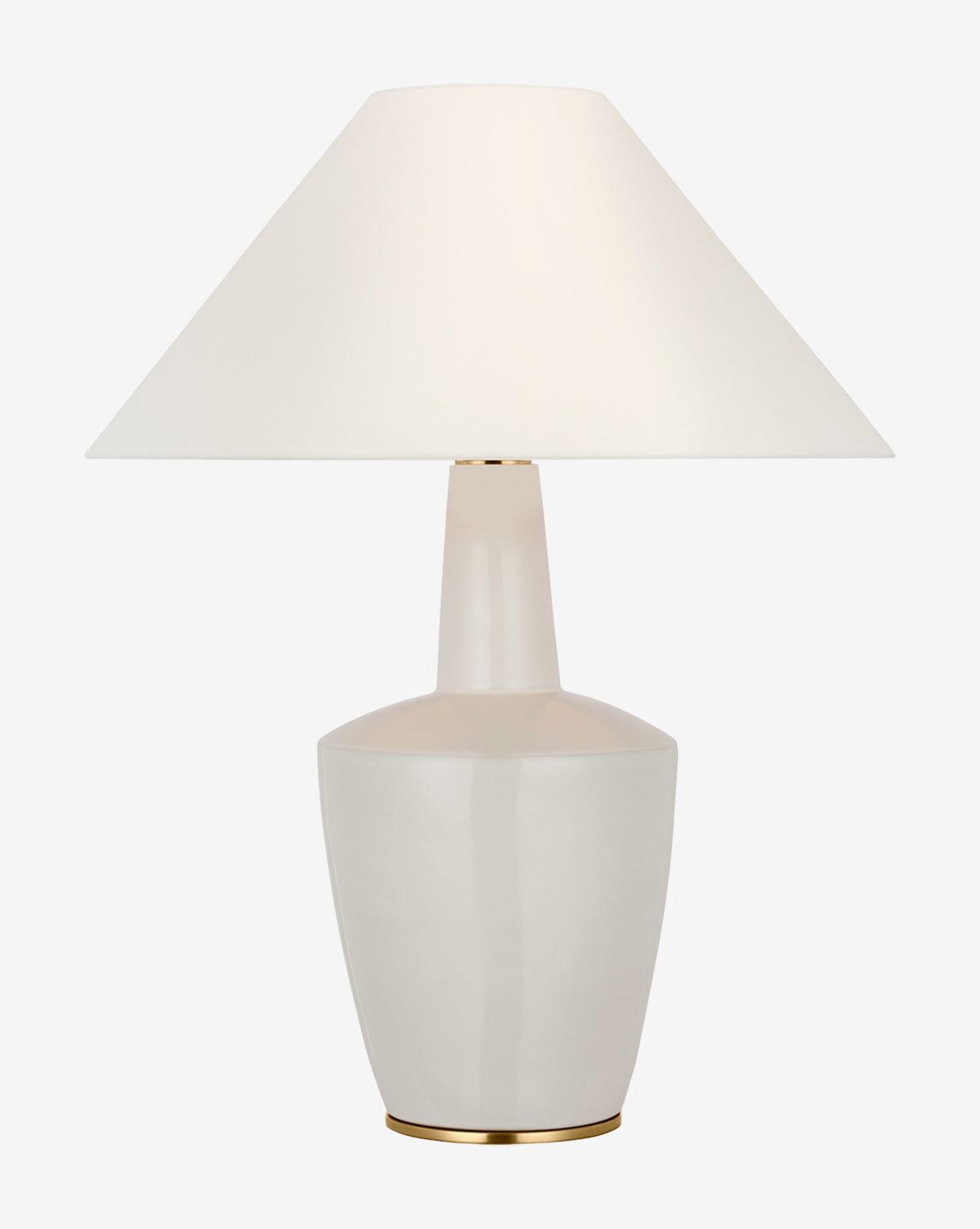 The Paros Table Lamp showcases a modern white ceramic base with an alabaster-inspired gold accent and a wide white lampshade, presented against a plain white backdrop, by McGee & Co.