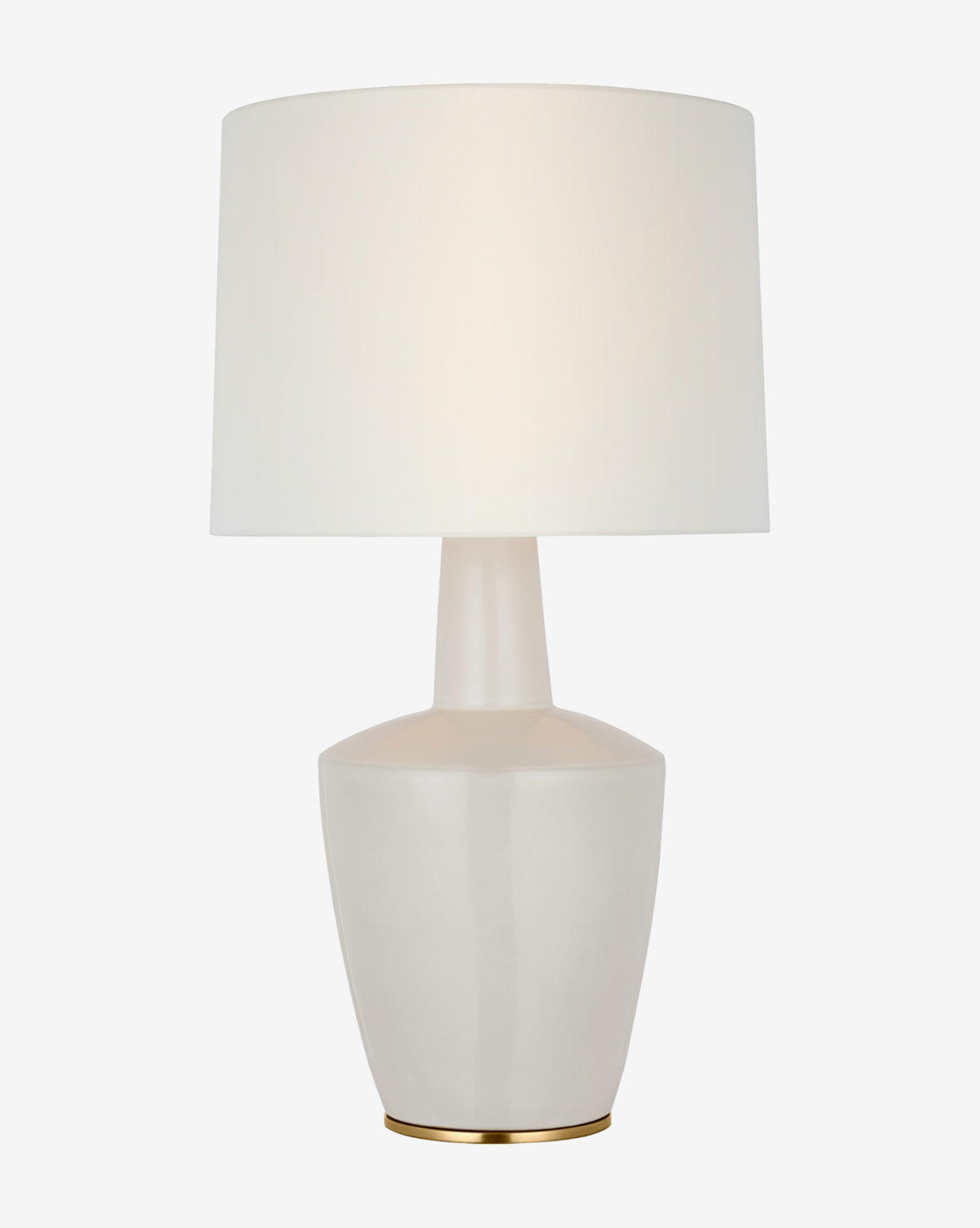 The Paros Table Lamp offers a modern white ceramic base with a subtle sheen, accented by a thin gold band and topped with a wide, round white lampshade for an elegant look, by McGee & Co.