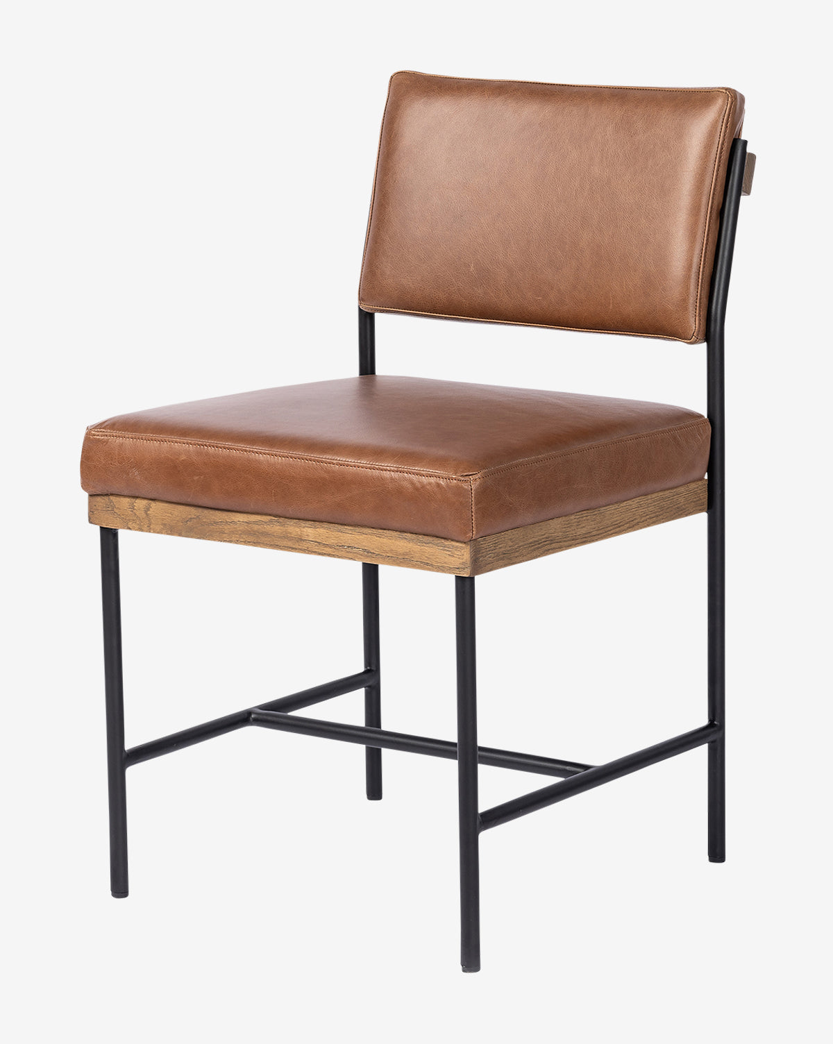 The Pascal Dining Chair features a brown leather cushioned seat and backrest, black steel and wood legs, and a wooden under-seat support, making it a stylish addition to any dining table against a white background, by McGee & Co.