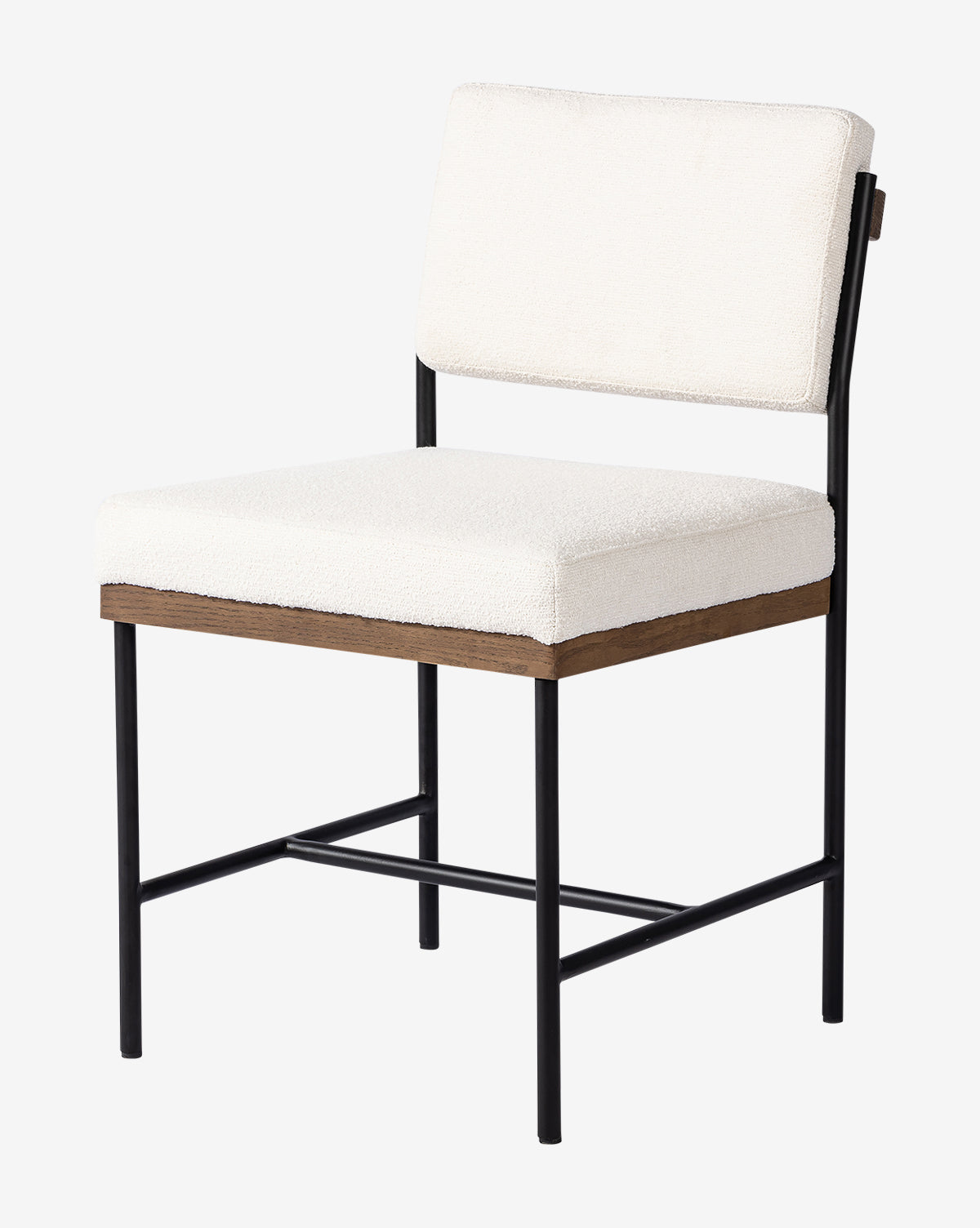 The Pascal Dining Chair showcases a white cushioned seat and backrest, sleek black steel and wood legs, plus a wooden accent under the seat, by McGee & Co.