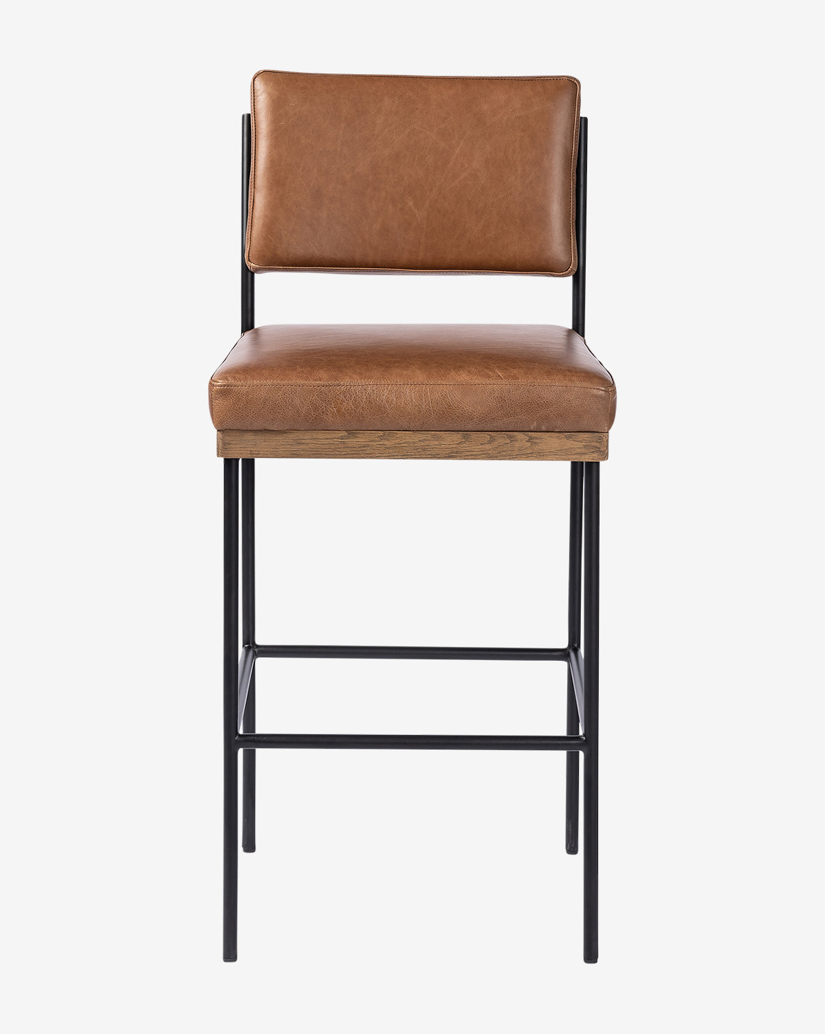 The Pascal Stool features a padded brown leather seat and backrest, wooden accents, and a sturdy black iron frame, displayed against a plain white background by McGee & Co.