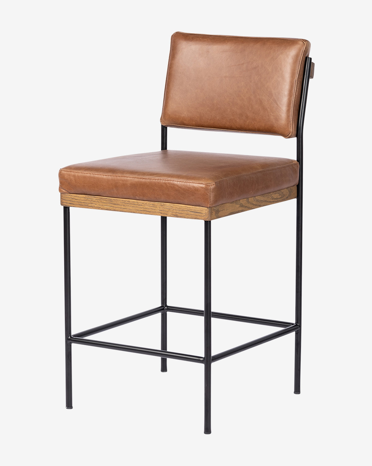 The Pascal Stool features a brown leather cushioned seat and backrest, with a black iron frame and wooden accent below the seat, offering versatile style for any setting, by McGee & Co.