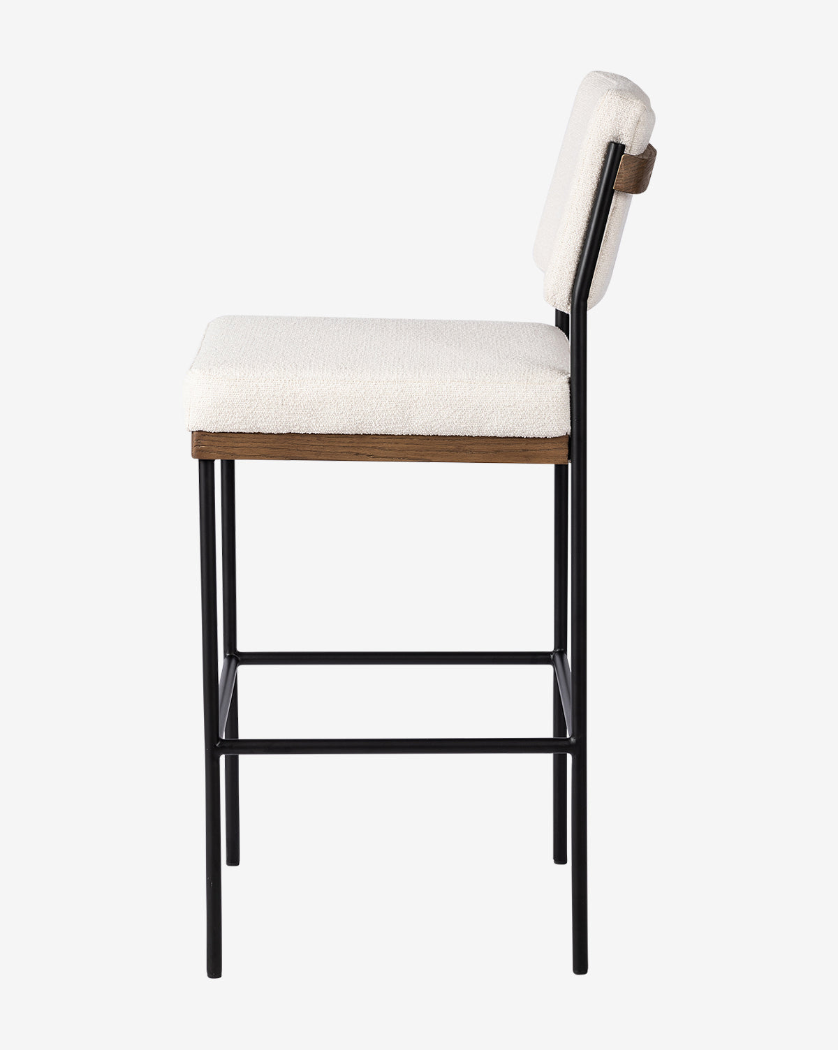 The Pascal Stool showcases a black iron frame, wood seat base, and white upholstered seat and backrest, pictured in profile on a plain white background by McGee & Co.