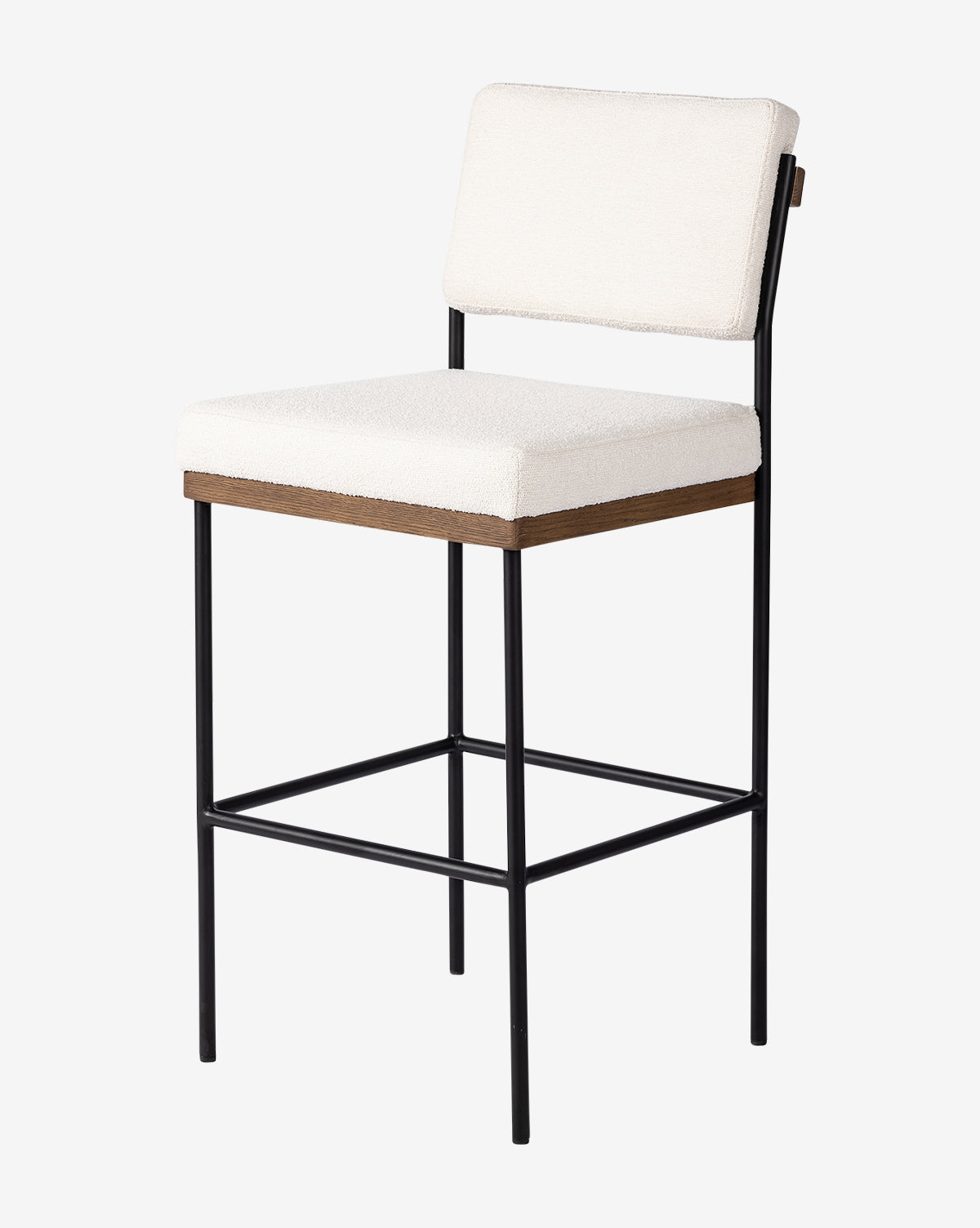 The Pascal Stool, set against a plain white background, showcases a black-finished iron frame, wooden accent beneath the seat, and cream cushioned seat and backrest—ideal for modern spaces, by McGee & Co.