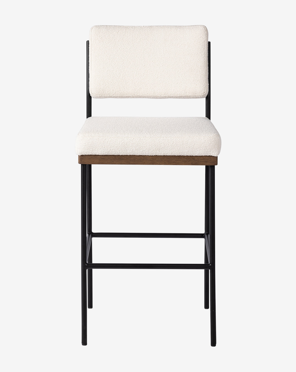The Pascal Stool combines a black iron frame, brown wood seat base, and cushioned white fabric seat and backrest—delivering modern versatility, as shown against a plain white background by McGee & Co.