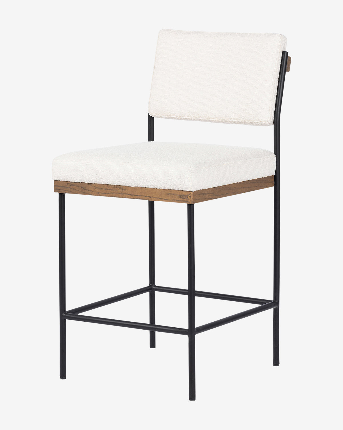 The Pascal Stool features a modern design with a white cushioned seat and backrest, a slim black iron frame, and a wooden accent beneath the seat, by McGee & Co.