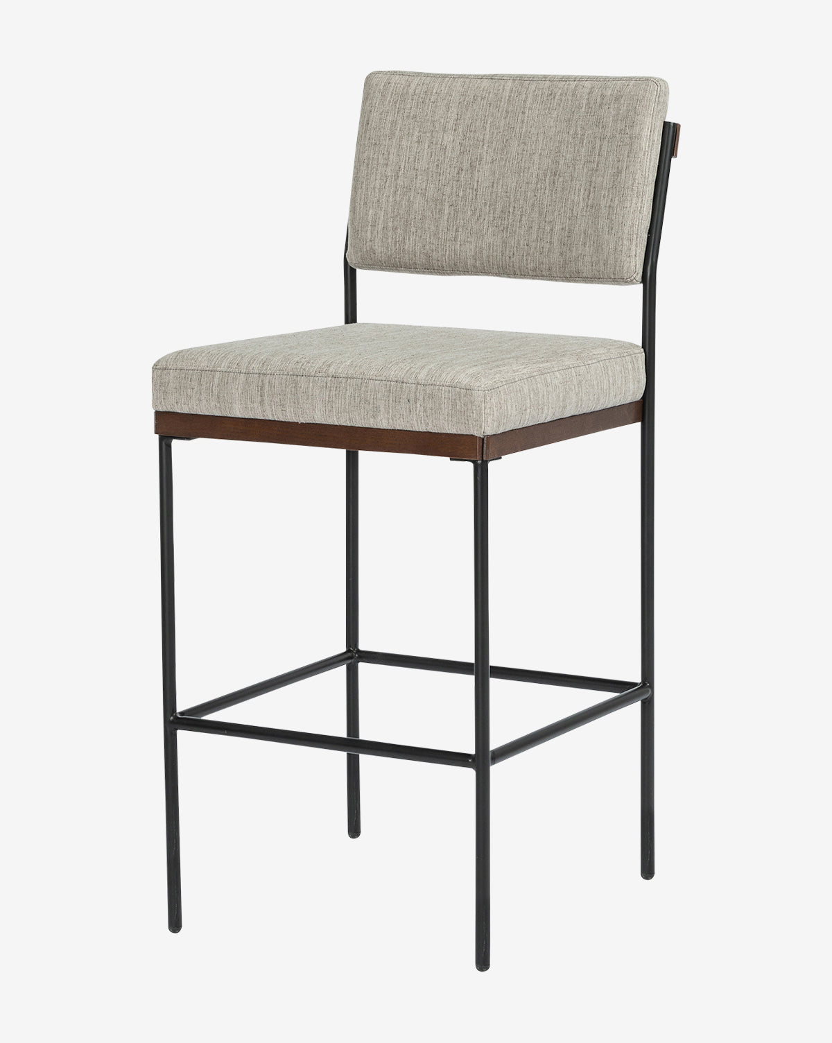 The Pascal Stool features a light gray upholstered seat and backrest, a slim black iron frame, wooden accent below the seat, and is displayed against a plain white background by McGee & Co.