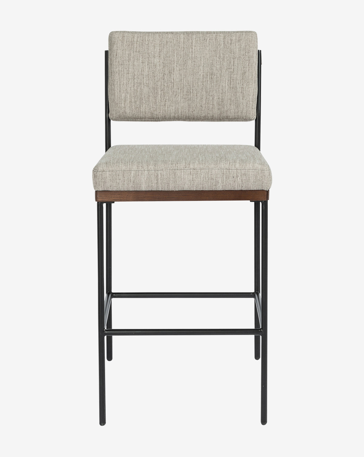 The Pascal Stool has a black iron frame, light gray cushioned seat and backrest, plus a wood accent under the seat—a versatile chair for modern interiors, pictured on a plain white background by McGee & Co.
