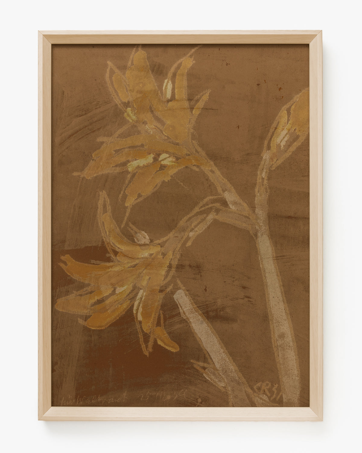 Past Petals is a giclee print in a white wood frame, showcasing delicate yellow-brown flowers on a textured brown background for a soft, earthy home accent with natural appeal, by McGee & Co.