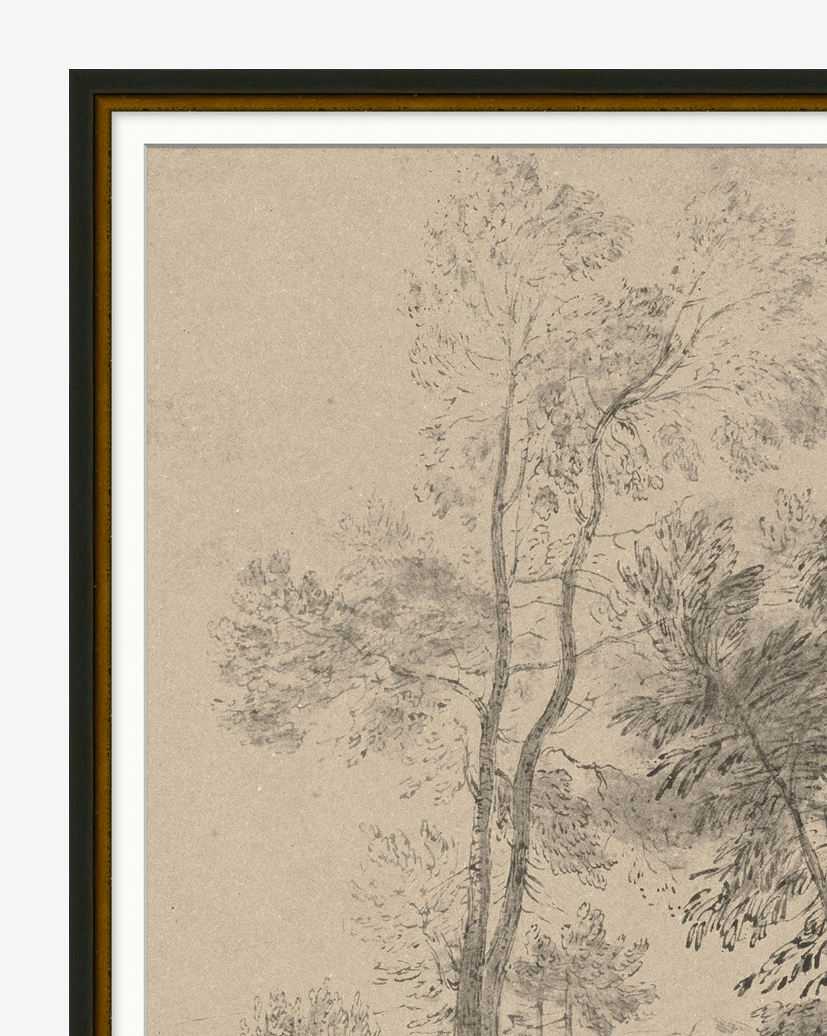 The Pastoral Sketch is a black and white vintage landscape featuring tall, slender trees with delicate branches, set against a plain background. It comes double-matted in a dark distressed wood frame for rustic wall decor.