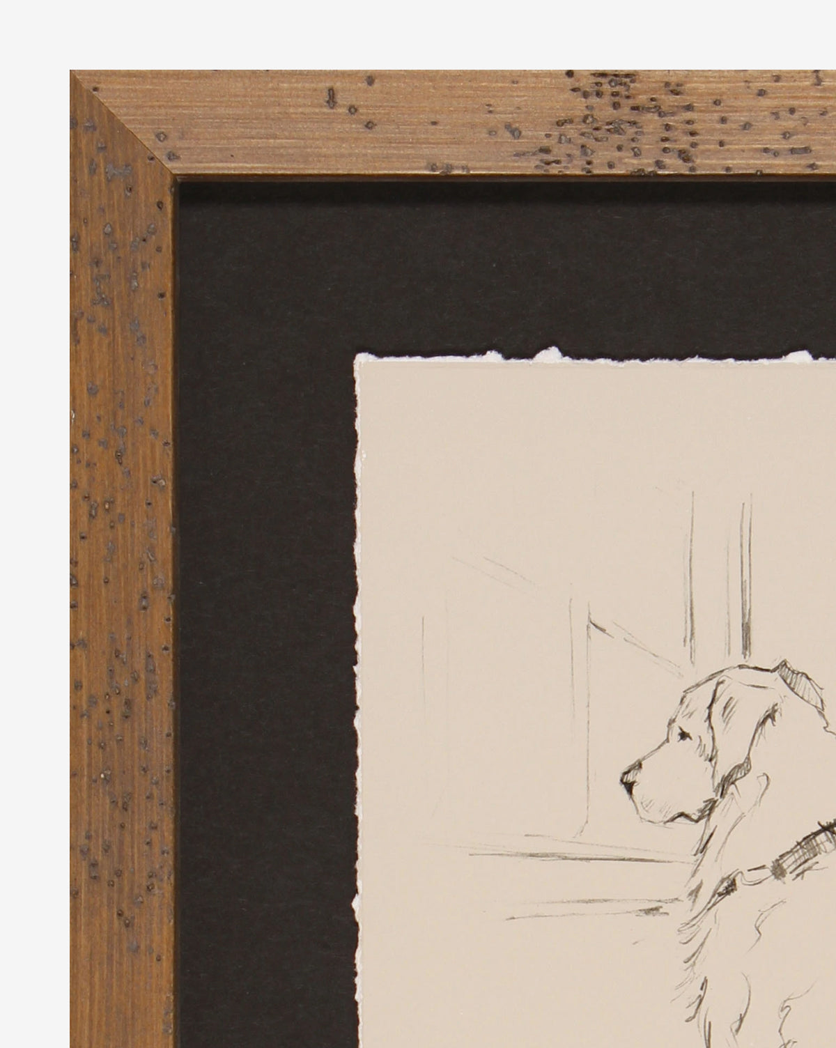 Patiently Waiting is a framed pencil sketch of a dog sitting and gazing right, drawn with minimal background on rough-edged white paper, set against a black mat in a natural wood frame.