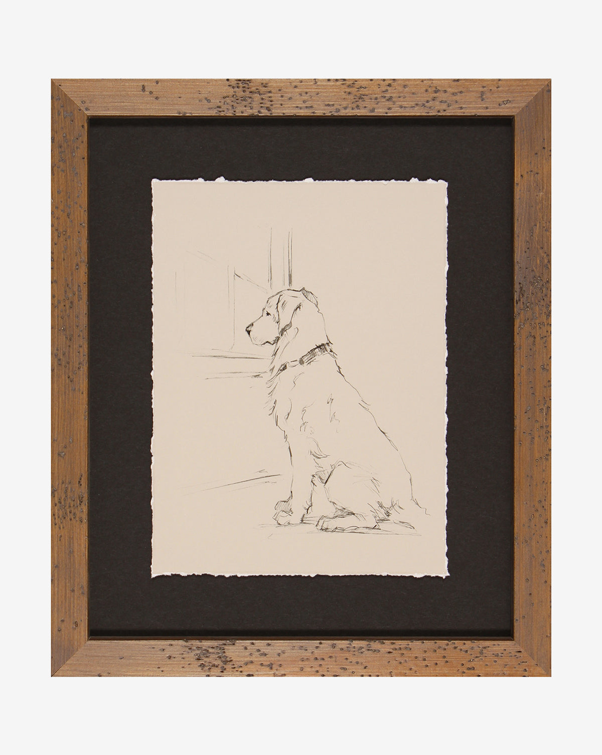 Patiently Waiting is a framed sketch of a dog sitting and facing left, drawn in simple black lines on white paper with rough edges, set against a black background and bordered by a natural wood frame.
