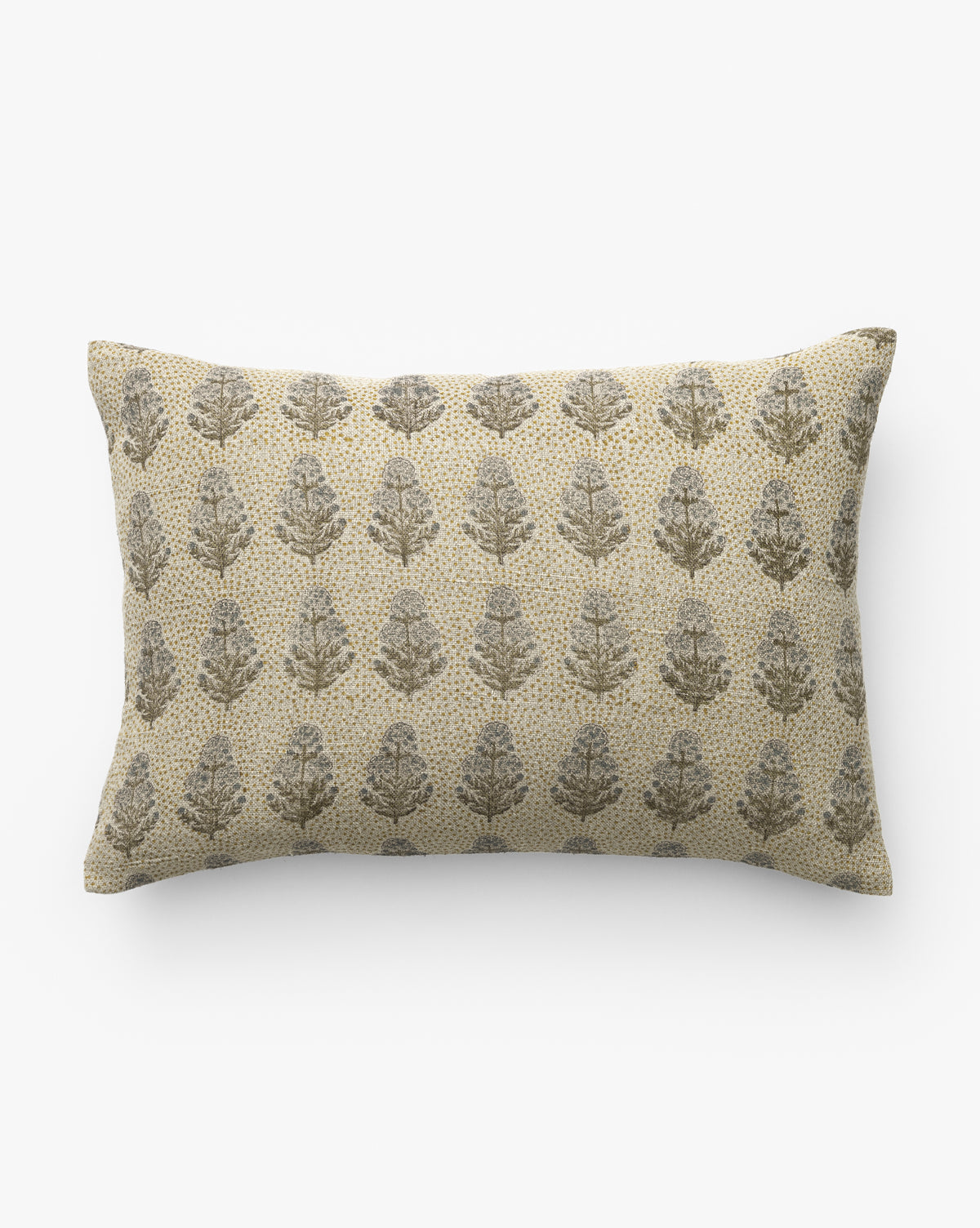 The Patricia Pillow Cover features a beige background with grayish leaves and small yellow dots in an elegant block print, adding subtle botanical charm and earthy tones to your space, by McGee & Co.