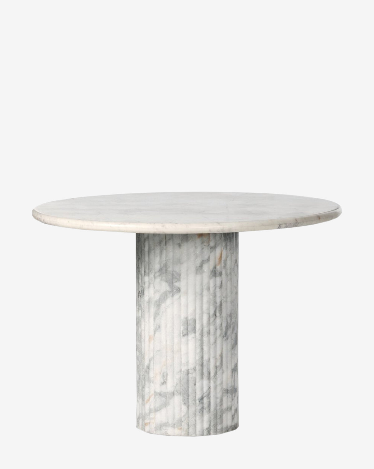 The Patrick Dining Table features a round, flat top and a thick fluted cylindrical pedestal base in light gray and white stone, highlighting contemporary Italian design against a plain white background, by McGee & Co.