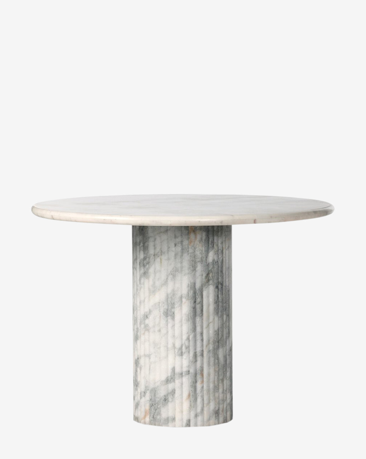 The Patrick Dining Table features a round marble top with natural gray and white veining, set on a thick cylindrical pedestal base. With its Italian design, it brings contemporary style to any room against a plain white background by McGee & Co.