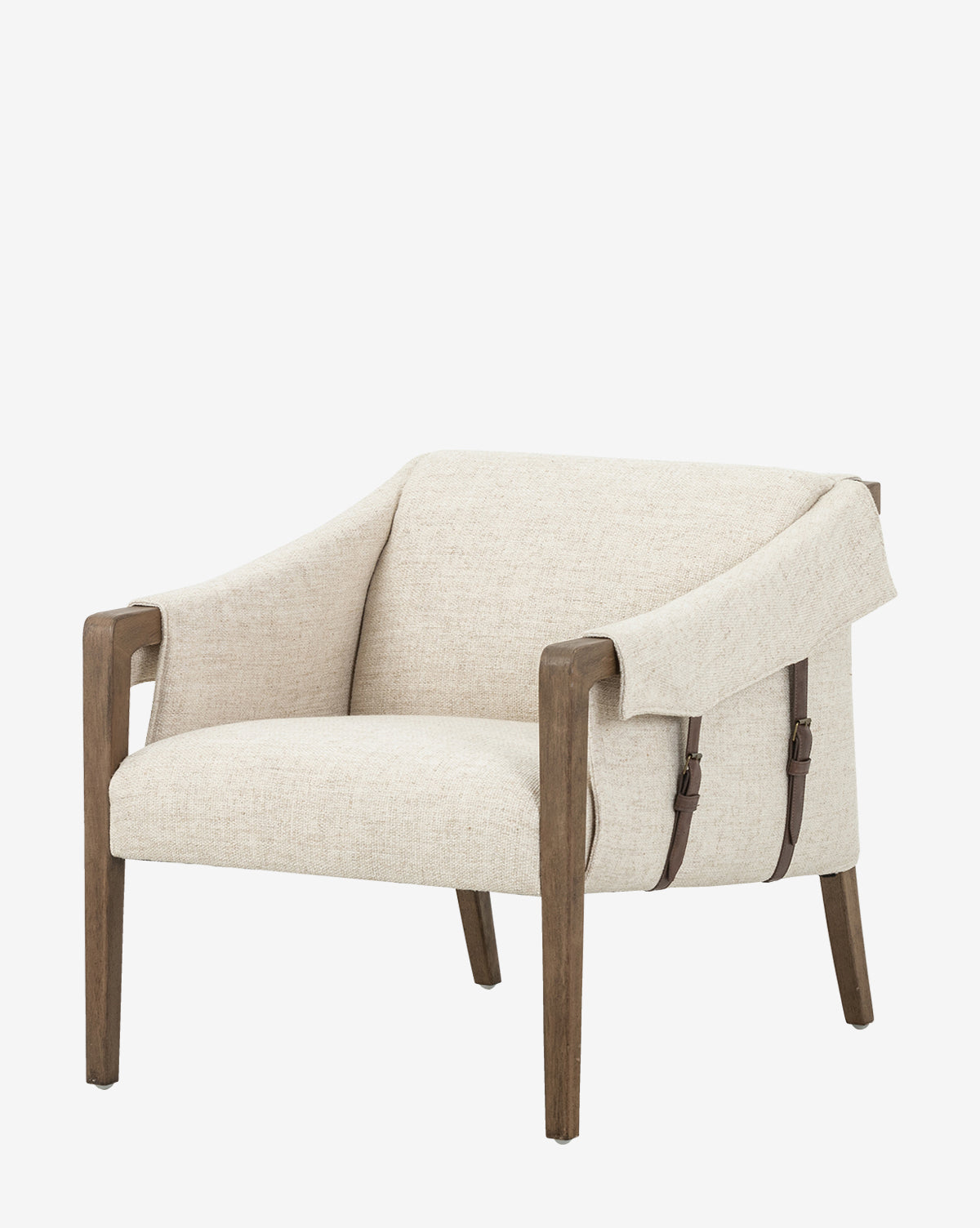 The Payson Leather Chair features light beige performance fabric, sturdy wooden legs and frame, and two top-grain leather straps accenting the backrest.